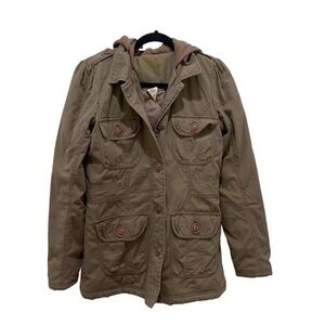Roxy Brown/Taupe Button Down Hooded Military Utility Jacket Small